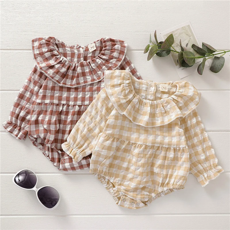 

Infant Baby Girl Sweet Bodysuit Ruffle Turn-down Collar Plaid Print Long Sleeve Jumpsuit Spring Playsuit 0-24M