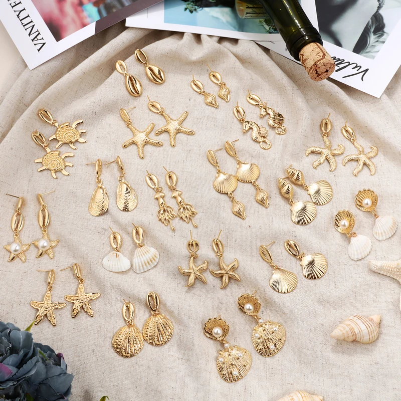 Женские серьги подвески в виде морских ракушек золотого цвета|Серьги-подвески| |