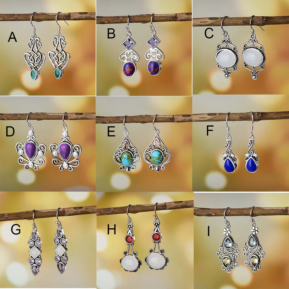 Boho, зеленый камень, маленькие висячие серьги, для женщин, полые серьги, висячие, серебряный цвет, винтажные индийские ювелирные изделия, крючок, серьги, этнические, DBE043