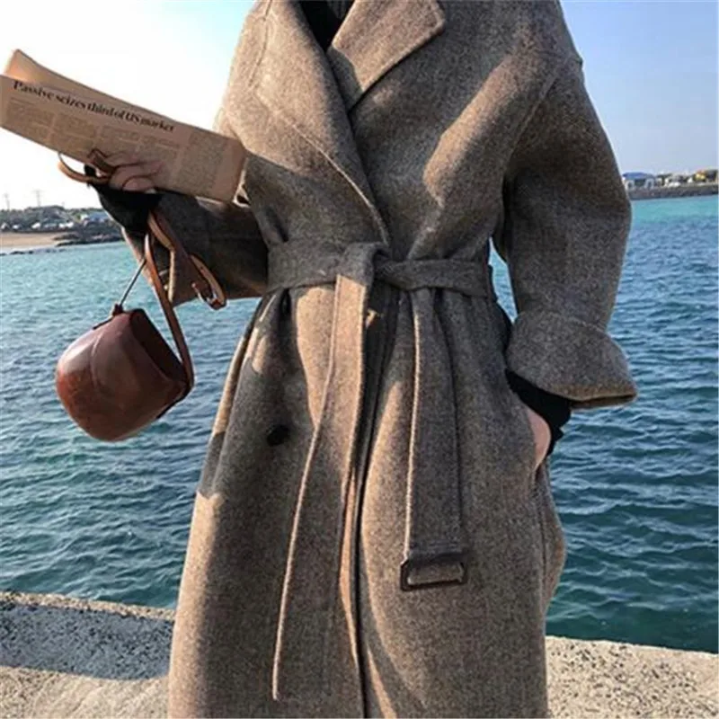 Фото Винтажное элегантное шерстяное пальто с поясом для женщин Толстая теплая