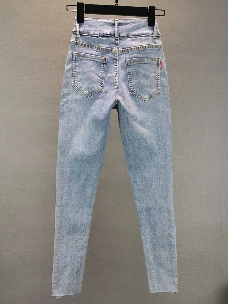 

2021 New Spring Women's Cotton Elastic Hot Drilling Skinny Jeans Ladies High Waist Slim Ankle Length Pencil Pants Denim Trousers