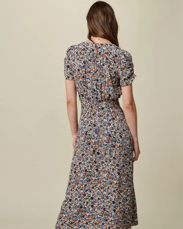 

Women Floral Printed Robe Short Sleeve V-neck Lace-up Sashes Female Midi Dresses