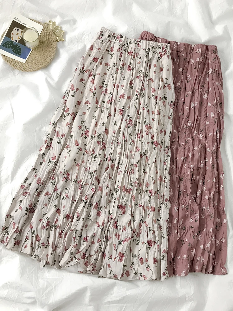 

Vintage Floral Print A-line Pleated Long Skirts Summer Women Korean Skirt Streetwear Drawstring Elastic Waist Midi Skirt