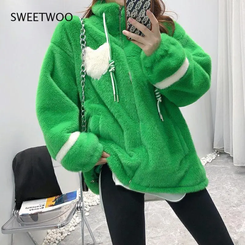 Autumn and Winter Standing Collar Drawstring Imitation Mink Lamb Baseball Suit Loose One-Piece Plush Thick Leisure and Warmth