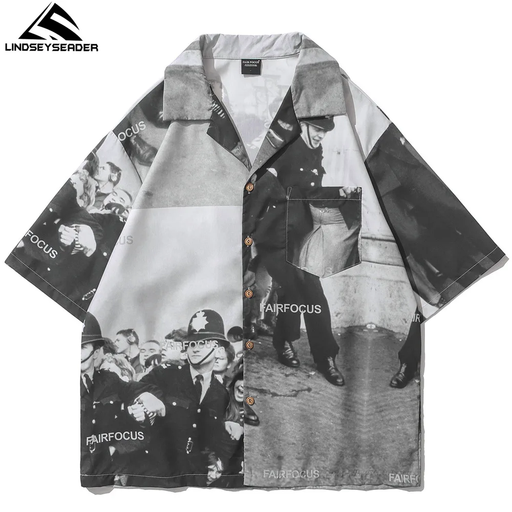 

LINDSEY SEADER Men Shirts Crowed Audience Print Streetwear Harajuku Summer Short Sleeve Oversized Style Shirts for Men Clothing