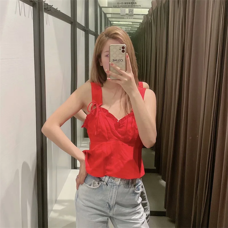 

Summer Red Strappy Cropped Blouse Women 2021 Za Sexy Ruffled V-neck Adjustable Tied Ladies Tops Vintage Fashion Blusas De Mujer