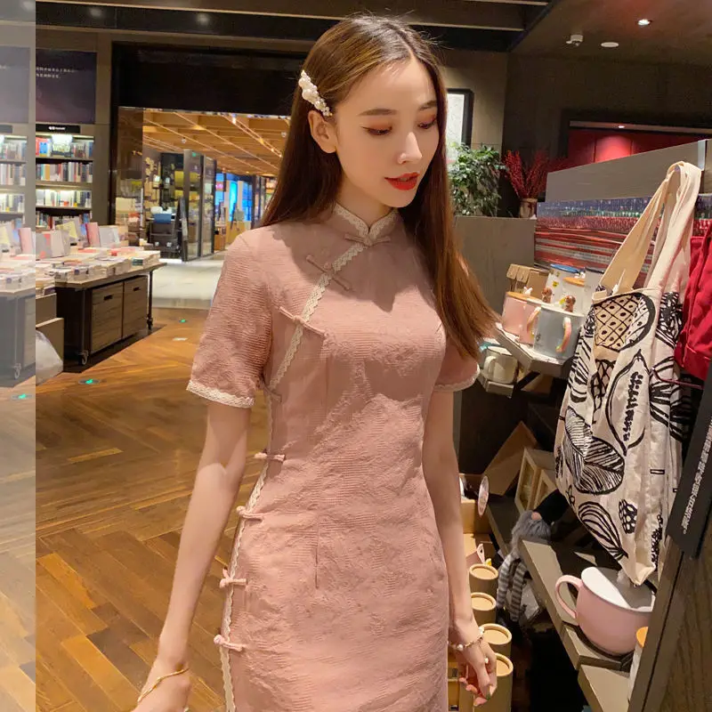 2021 summer new CHEONGSAM CHINESE STYLE PINK young girl small fresh retro temperament elegant dress