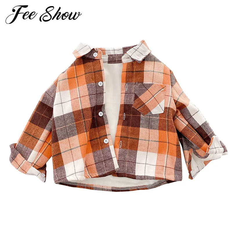 

2021 New Boys Fashion Fleece-Lined Plaid Shirt Long Sleeve Lapel Button Down Warm Shirt Tops Casual Shirt Kids Clothing