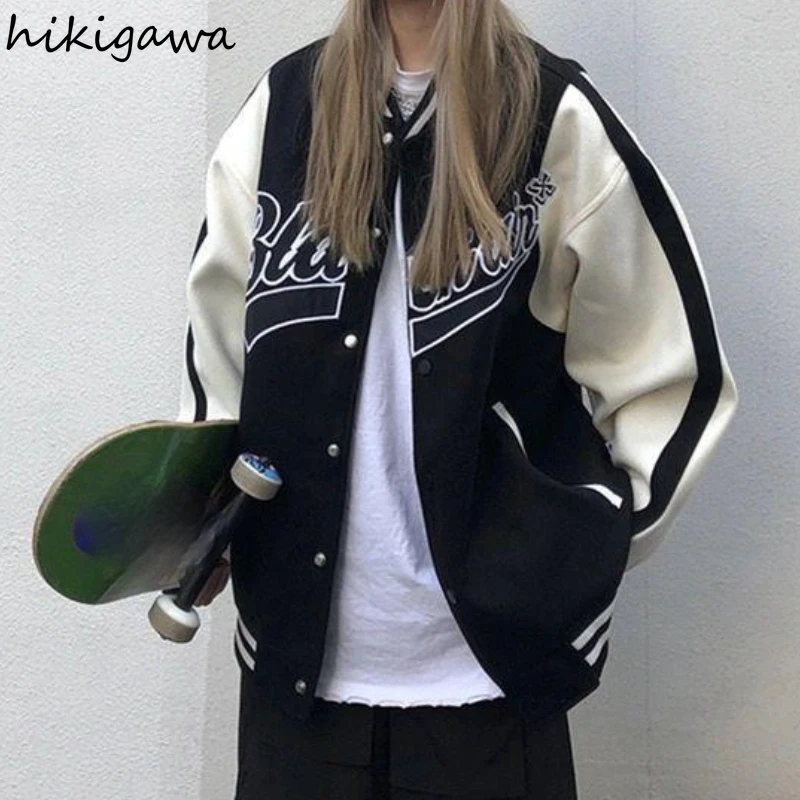 

Hikigawa Women's Jacket Letter Embroidery Pockets Korean Coats Women Patchwork Long Sleeve Men Jackets Loose Fashion Coat 2021