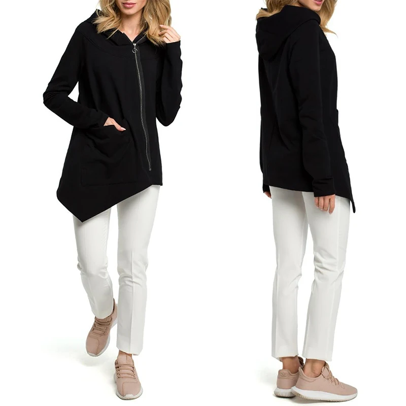 

CHANWELL 2019 Women Hoodies Long Jackets Plus Size Asymmetric Length Hooded Elegant Long Black Grey White Coat casacos feminino