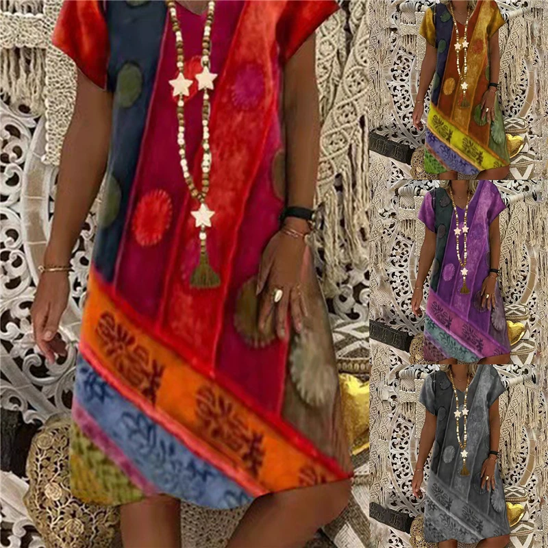 

Women's Dress 2021 Summer New Fashion Women's Vintage Printed Loose Casual Short Sleeve Dress