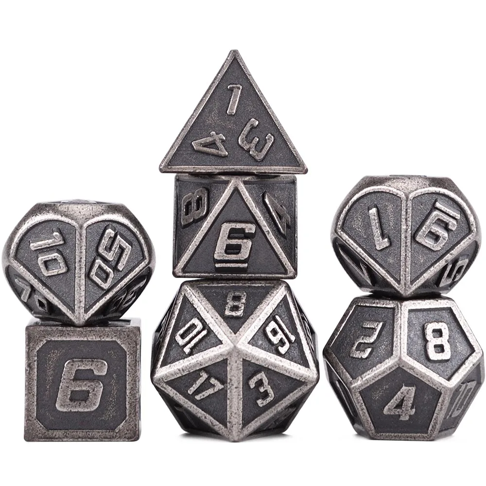 Многогранные металлические игральные кости набор из 7 предметов с черной сумкой