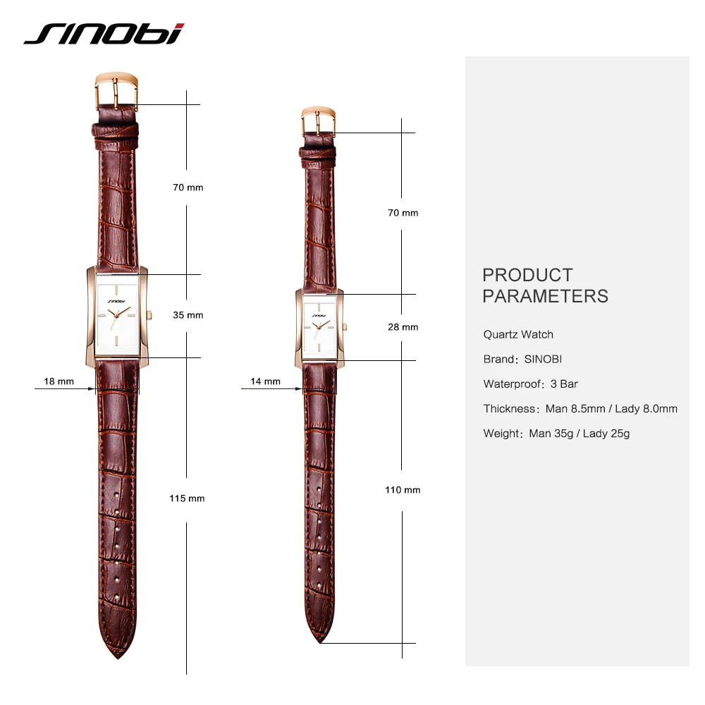 

SINOBI Elegant Couple Rectangle Wristwatches Durable Leather Watchband Fashion Ladies Geneva Quartz Clock Men's Watches relogio