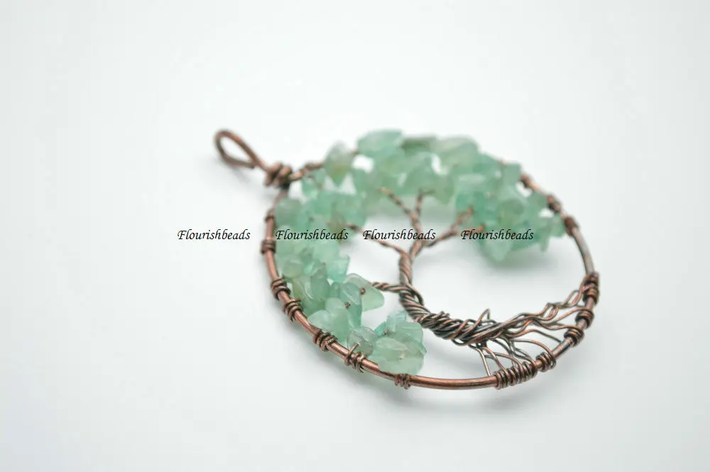 

Natural Green Aventurine Stone Chips Antique Copper Color Wire Wrapped Life Tree Energy Pendant