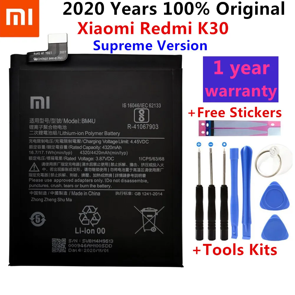 

100% Original 4320mAh BM4U Mobile Phone Battery for Xiaomi Redmi K30 Supreme Version BM4U Smart Phone Battery Free Tools