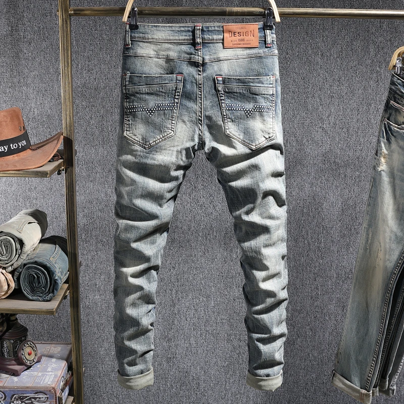 European Vintage Fashion Men Jeans Retro Blue Distressed Washed Elastic Ripped Jeans Men Slim Fit Designer Casual Denim Pants