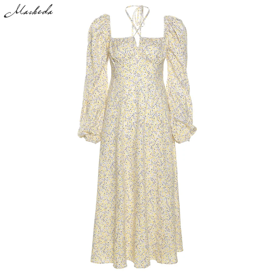 

Macheda Autumn Fashion Flower Print Dress Women Square Collar Puff Full Sleeve Street Casual Lady Sexy Split Long Dresses New