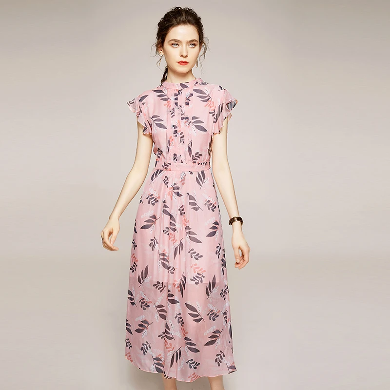 2021 летние платья элегантные модные Стенд воротник с короткими гофрированными