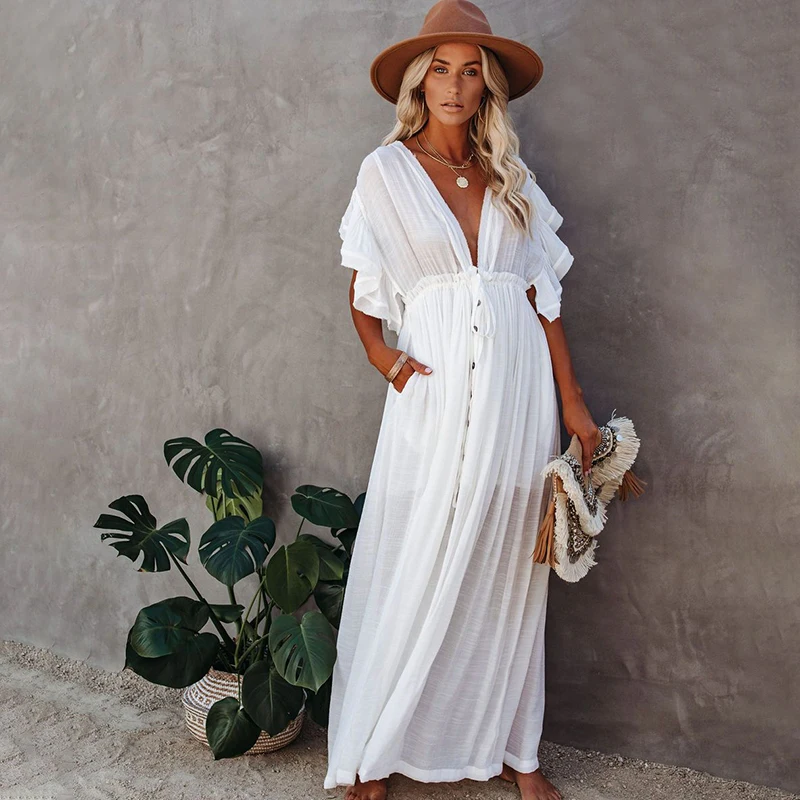 

Sexy Bikini Cover-ups Long White Tunic Casual Summer Beach Dress Elegant Women Plus Size Beach Wear Swim Suit Cover Up Q1208