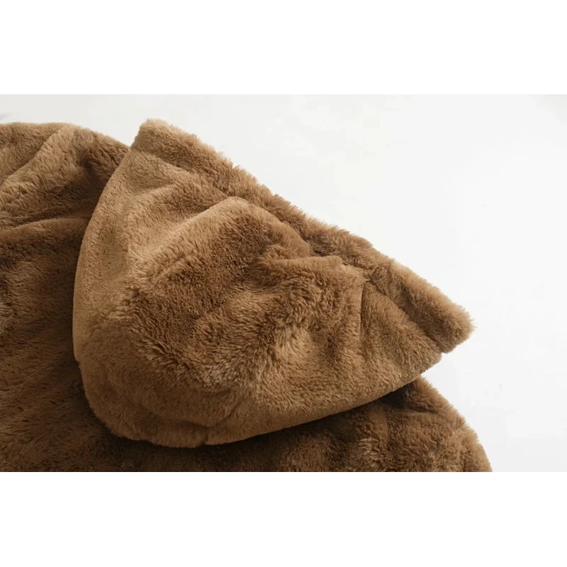 Куртка женская из искусственного кроличьего меха длинная с капюшоном | Женская