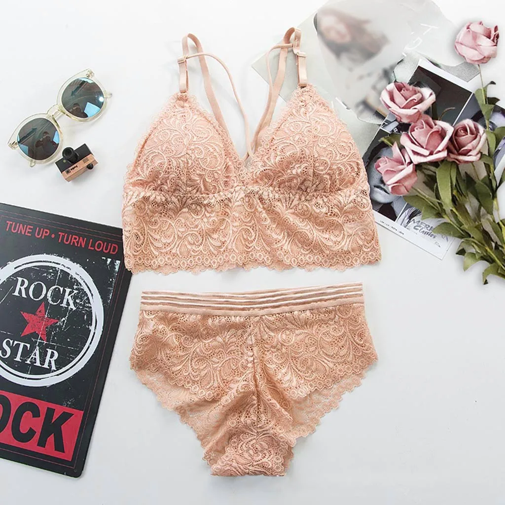 

Ladies sexy lace bra set female spandex seamless embroidery bra wireless adjustable shoulder strap underwear set 40*