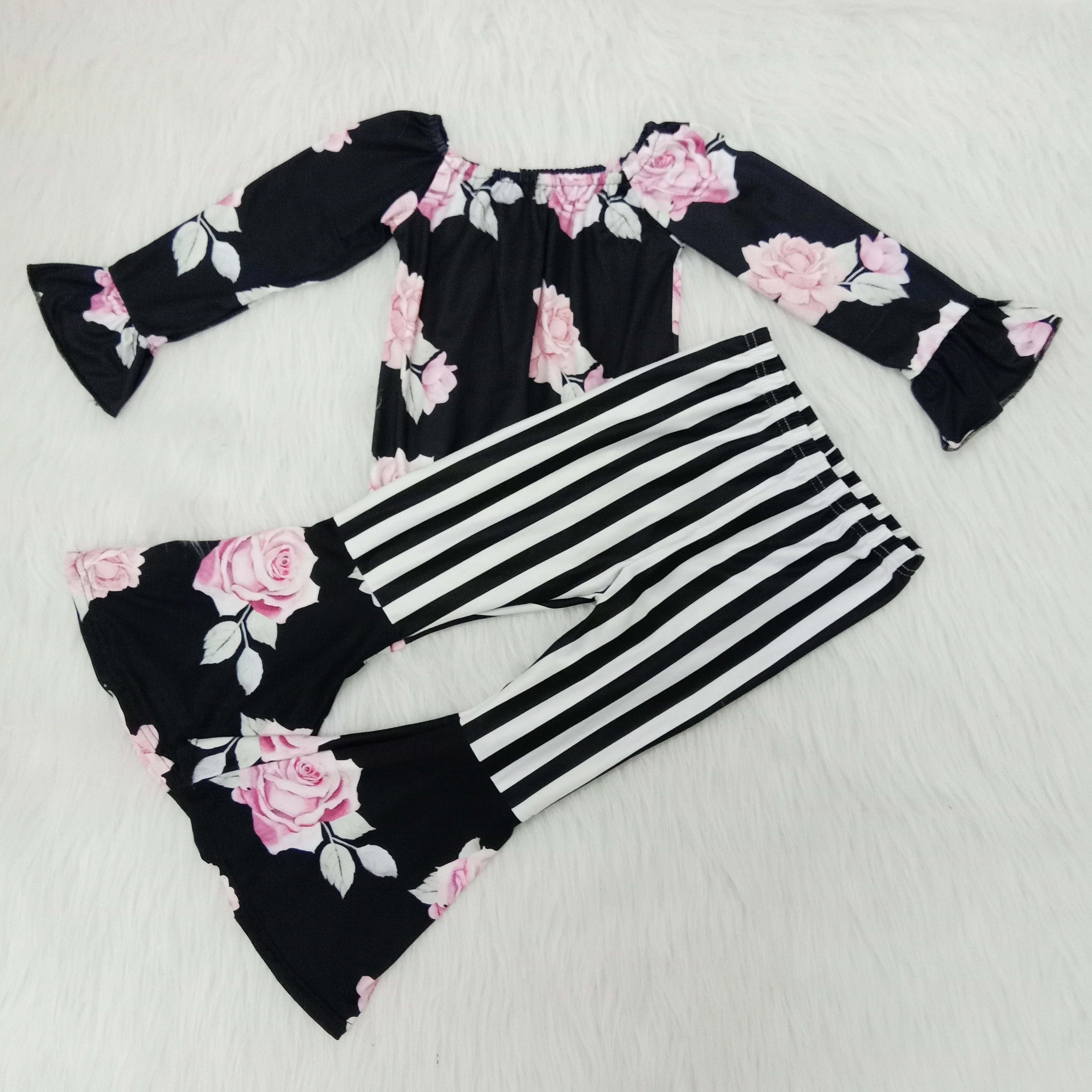 

Children's Girl 2020 New Long Sleeve Set Elastic Neck Stripe Flower Print Black Flared Pants