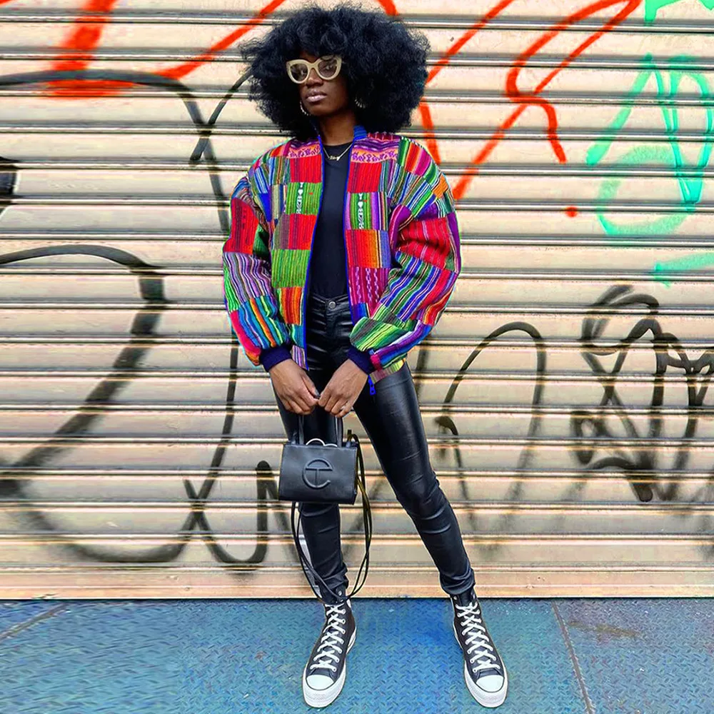 

Rainbow Striped Plaid Print Baseball Jacket Women Fashion Long Sleeve Loungewear Coat Spring Autumn Female Zipper Up Outerwear