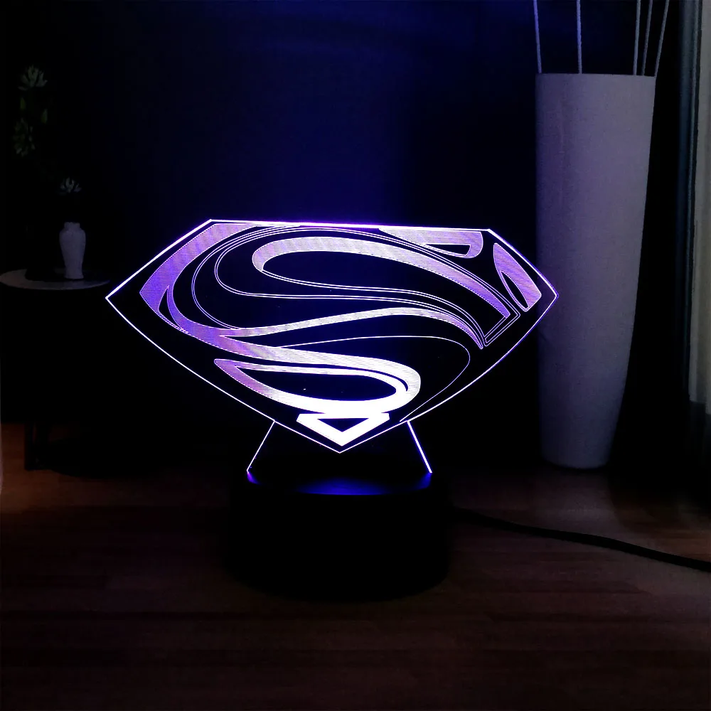 Светодиодный Ночной светильник с логотипом Супермена, символ Marvel, RGB, многоцветная USB, мини-Сенсорная 3D визуальная настольная лампа, вентиляторы фильмов, Подарочная игрушка