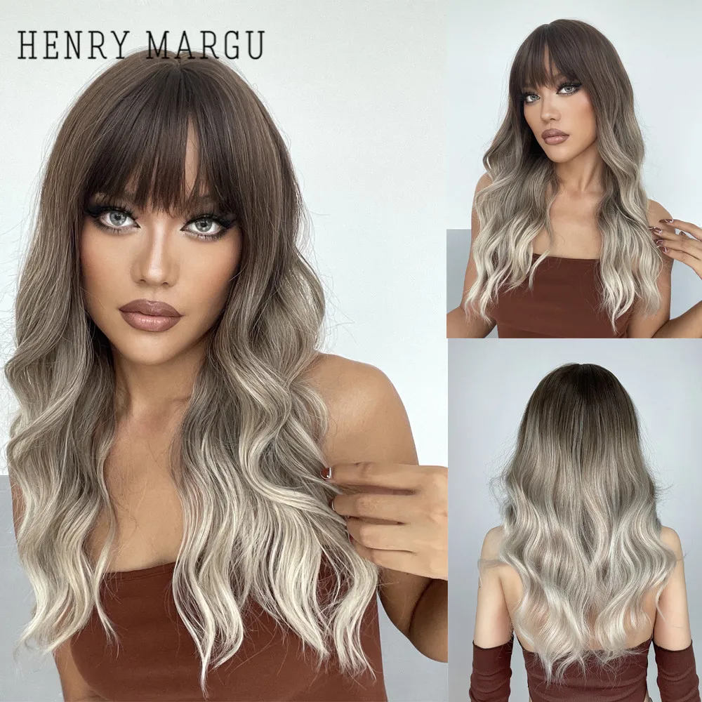 

HENRY MARGU Ombre Brown Ash Blonde Synthetic Wig with Bangs Long Body Wave Fake Hair Heat Resistant Wigs for Women Daily Cosplay