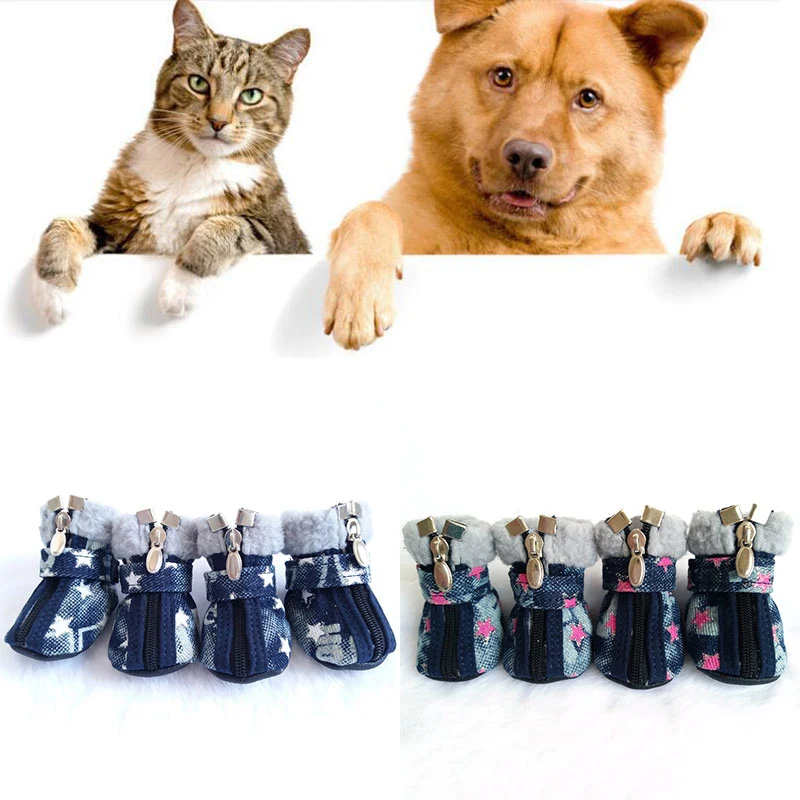 

2022 Winter New Pet Shoes Dogs Puppy Boots Denim Warm Snow Winter Lovely Anti Slip Zipper Casual Pet Supplies Breathable Shoes