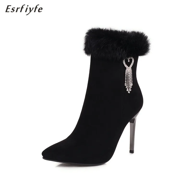 

ESRFIYFE 2020 New Women Ankle Boots Flock Zipper Booties High Heels Autumn Winter Shoes Black Zapatos De Mujer Pointed Toe Boots