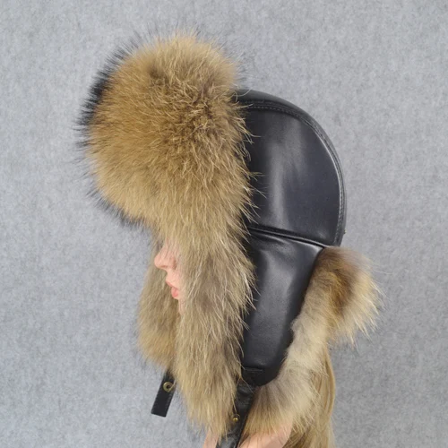 raccoon fur Россия, натуральный Лисий мех, шапка-бомбер, зимняя теплая мягкая пушистая настоящая шапка из меха лисы, женские качественные шапки из натуральной овечьей кожи - Цвет: raccoon fur