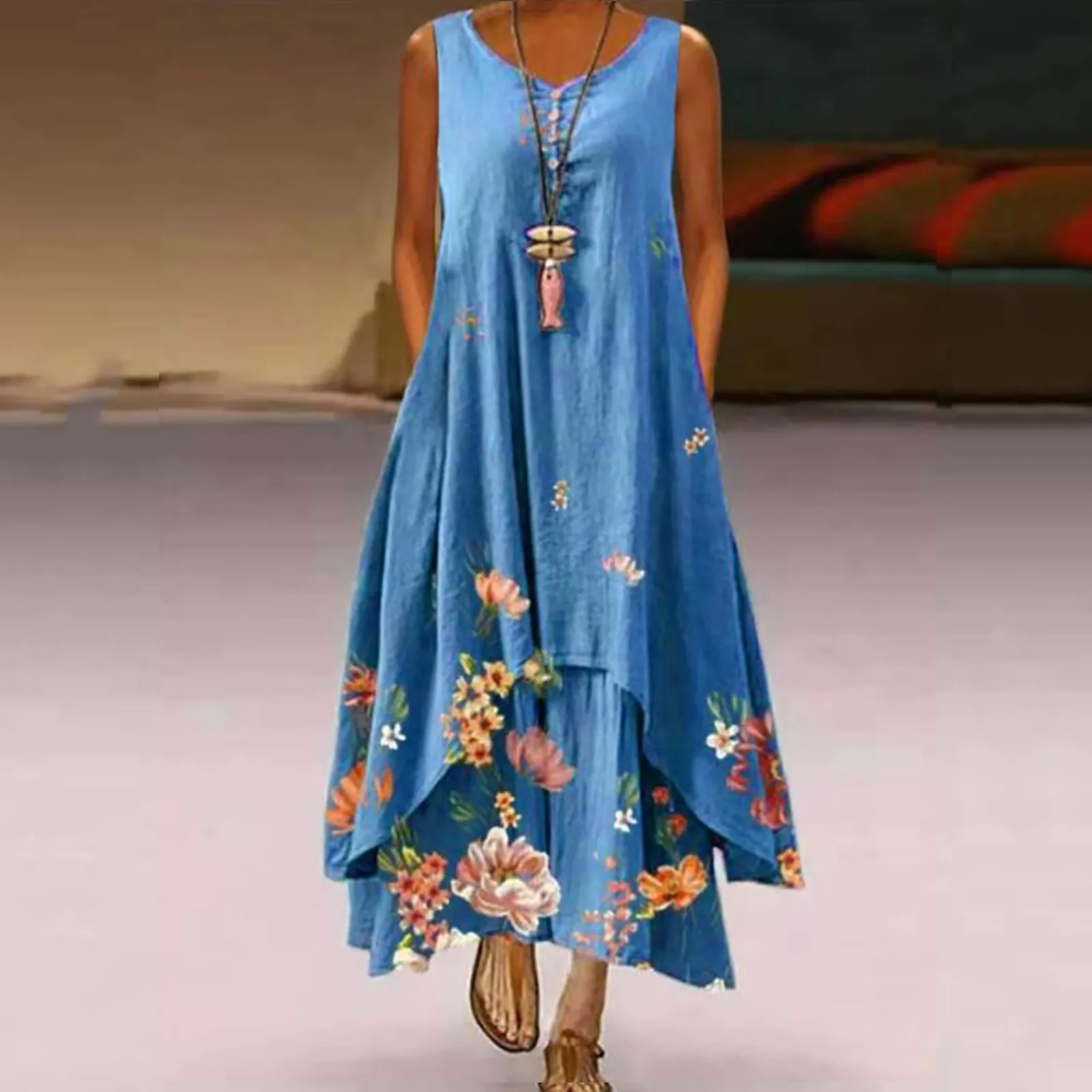 

Summer Fashion Women Plus Size Flower Print Daily Casual Sleeveless Vintage Bohemian O-Neck Irregular Hem Dress Платье Женское