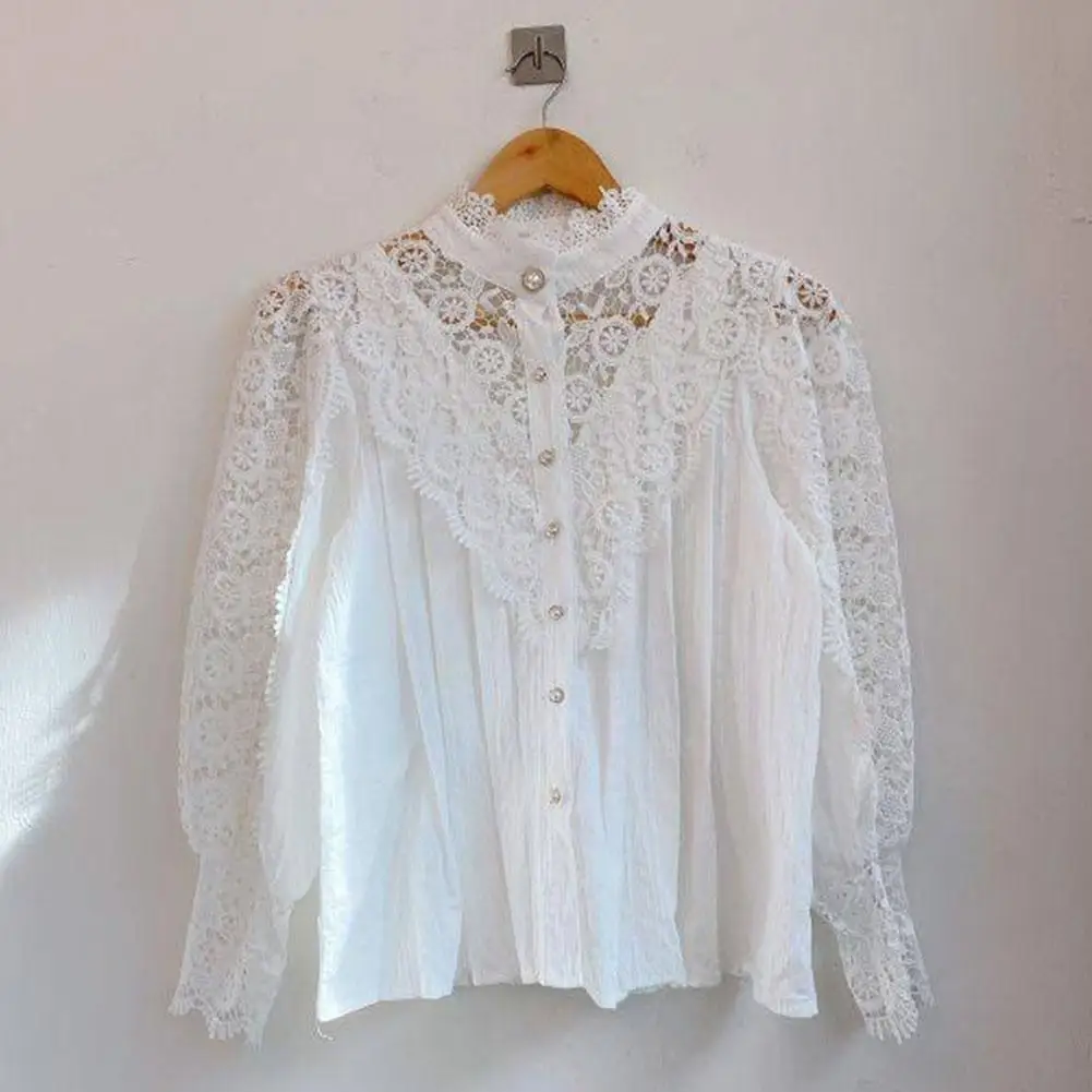 New 2021 Sweet Hollow Out Lace Patchwork Women Blouse Shirt Flower Stand Collar Button Sleeve White Top Petal Blusas V5L5