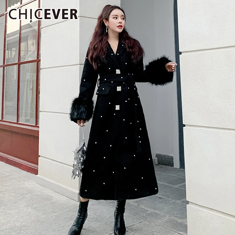 CHICEVER лоскутное меховое популярное цветное Женское шерстяное пальто с v образным