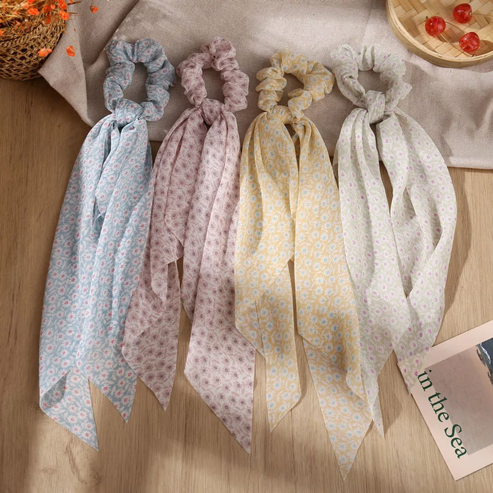 

Floral Print Bow Satin Long Ribbon Ponytail Scarf Hair Tie Scrunchies Women Girls Elastic Hair Bands Hair Accessories