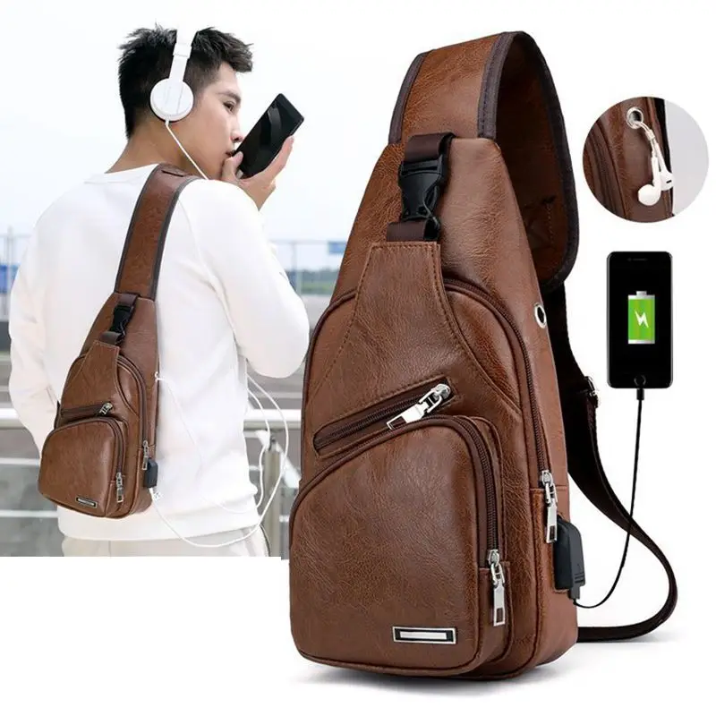 Weysfor Men USB Charging Bag Men's Chest Bag for Custom PU PVC Shoulder Bag Diagonal Package Messenger Travel Bag Cross Body Bag