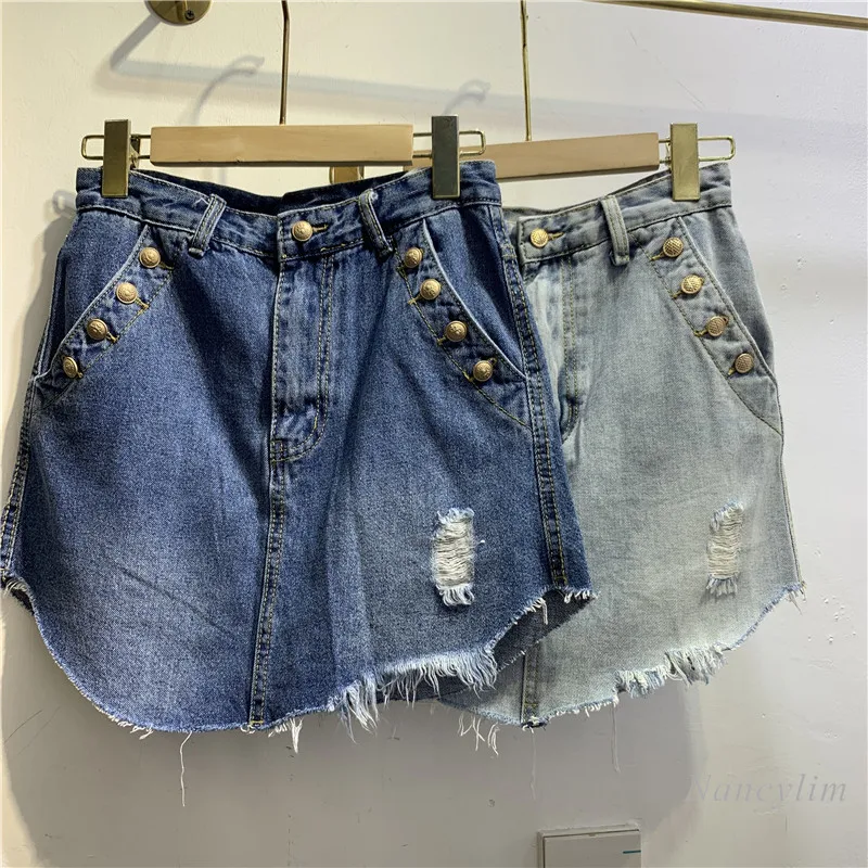 

Denim Skirt Woman Simple Fashion Girl New Sexy High Waist Cute Sweet Jean Skirt Slim Fit Ripped Hem Pockets Jupe Femme