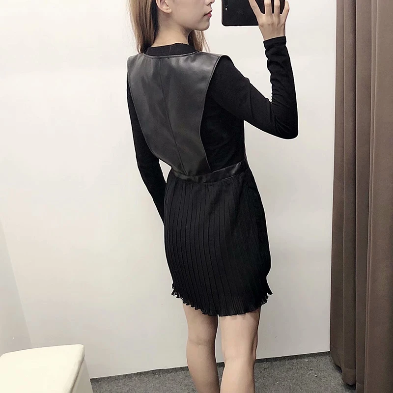 Vestidos весеннее черное шифоновое платье без рукавов из искусственной кожи Patcwhrok