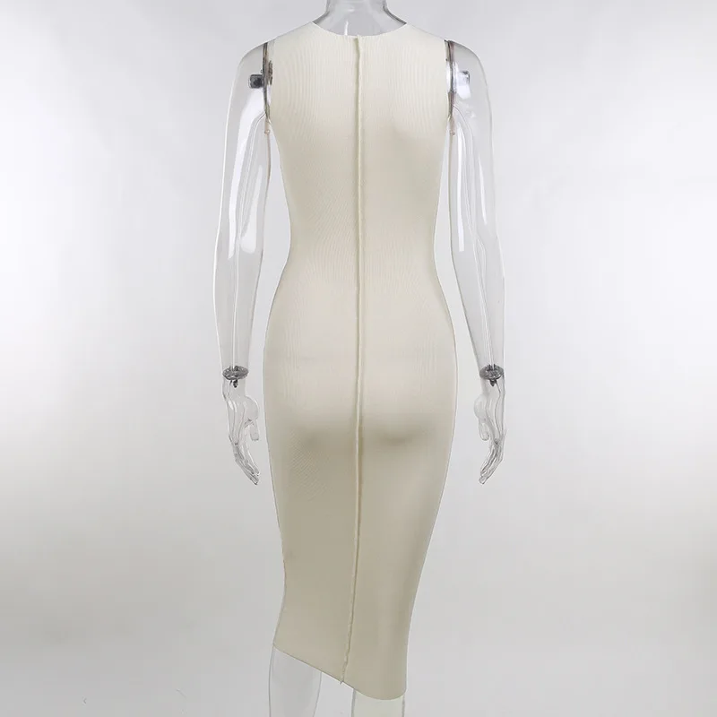 

2021 Summer New Solid Color Knitted Round Collar Sleeveless Sundress Women Sexy Bodycon Ribbed Wrap Solid Midi Dress Streetwear