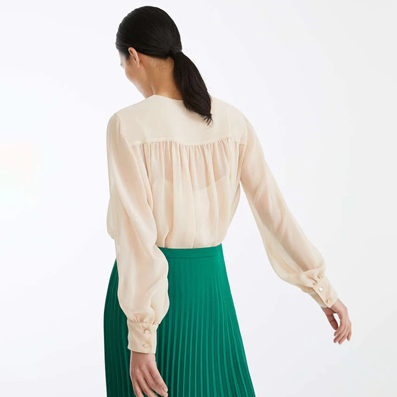 

SHENGPALAE French Style Elegant Blouse Women's Spring 2021 New Round Neck temperament Silk Long Sleeve Ribbon Shirt Female 5B142