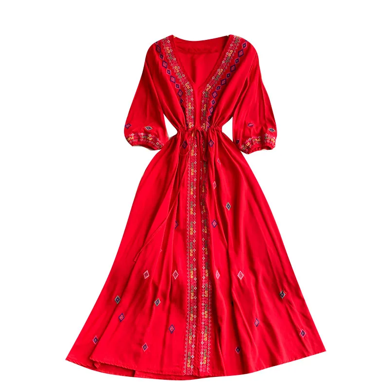 

Женское длинное приталенное платье, винтажное платье для отпуска с V-образным вырезом, рукавом до локтя и вышивкой, весна-лето 2021