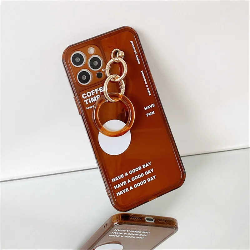 

Ring Lanyard Brown Translucent Protective Cover Soft Shell Phone Case Capa For iPhone 12 Mini 11 Pro Max XSMAX XR X SE2 8 7 Plus