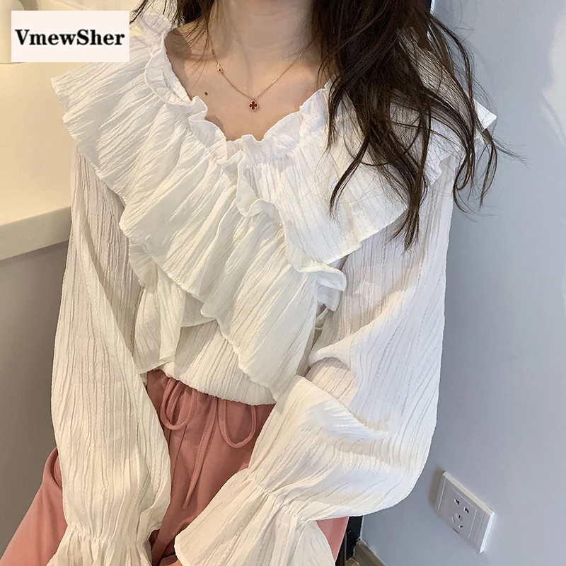 

VmewSher New Big Ruffles Summer Women Blouse V Neck Long Puff Sleeve Casual Solid Lady Elegant Cross Style Shirt Chic Sweet Tops