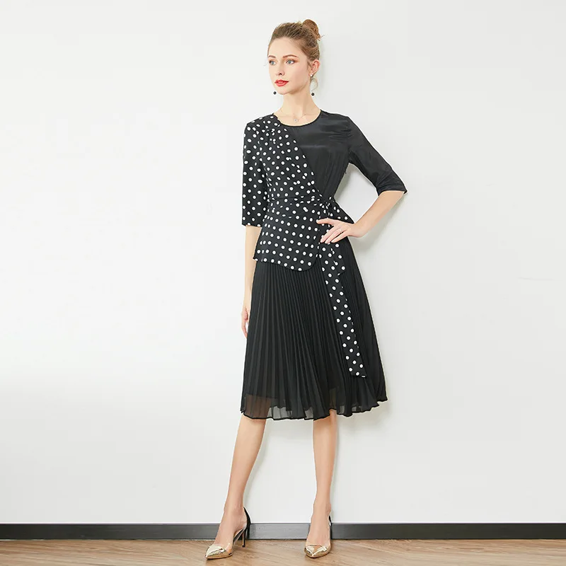 

Брендовое женское весеннее винтажное платье в горошек с круглым вырезом, узкое плиссированное платье с бантом, платье миди с короткими рука...