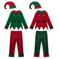 kids unisex cute christmas elk elf cosplay costume velvet tops with pants belt and hat set for christmas