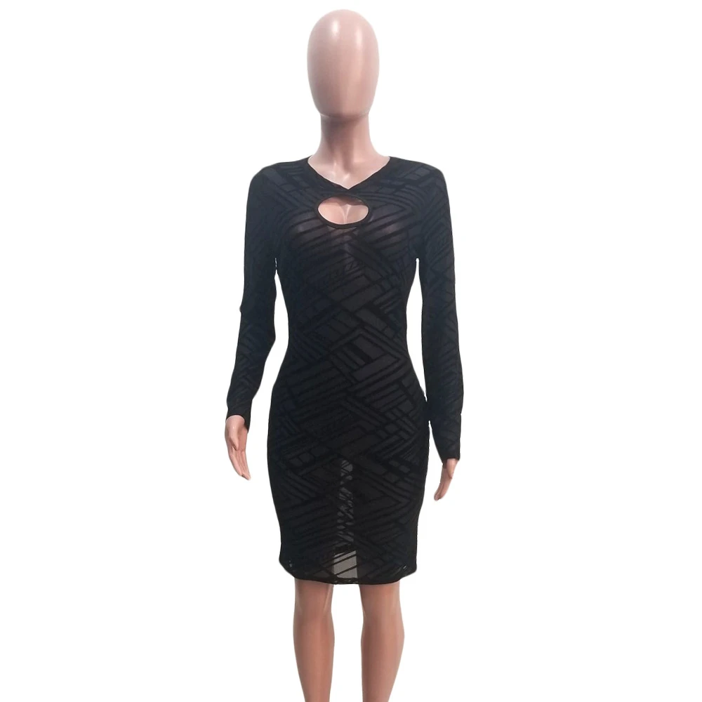 

2020 Autumn Women Dress O-Neck Long Sleeve Black Color Sexy Hollow Out Night Club Wear Sheath Bandage Dresses