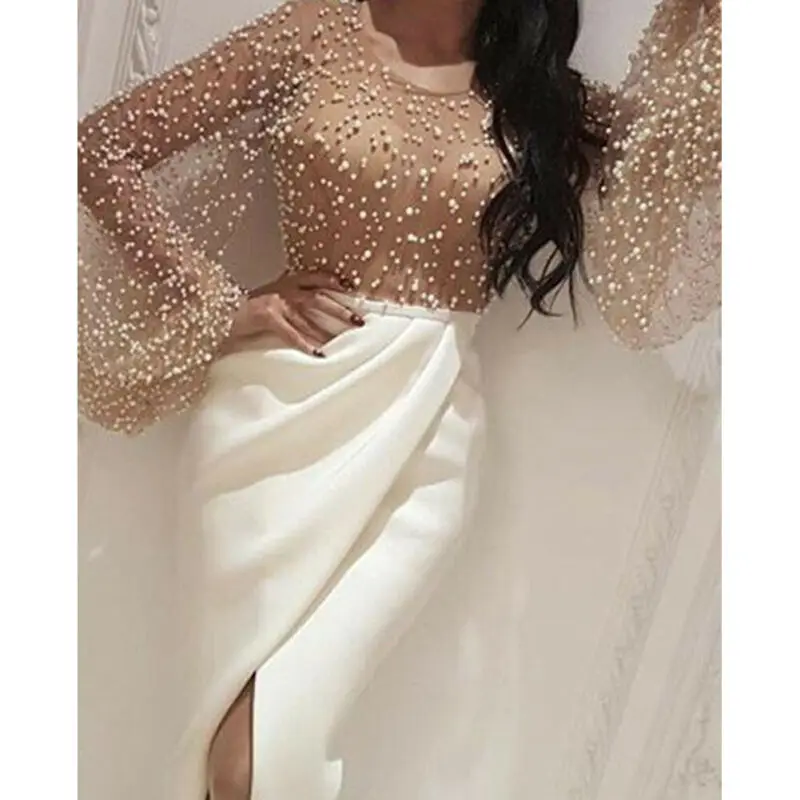 Женское платье с длинными рукавами фонариками и жемчугом Вечерние повседневные