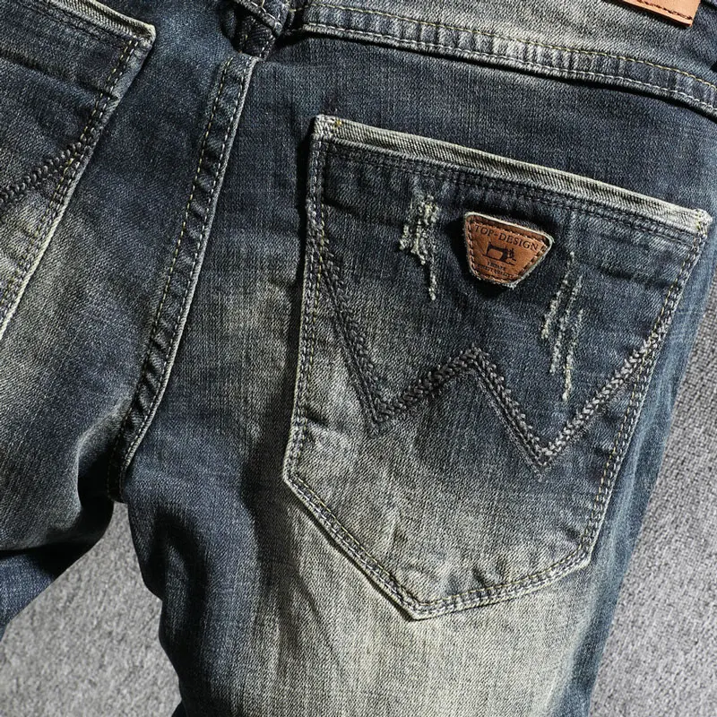 European Vintage Fashion Men Jeans Retro Blue Distressed Washed Elastic Slim Fit Ripped Jeans Men Designer Casual Denim Pants