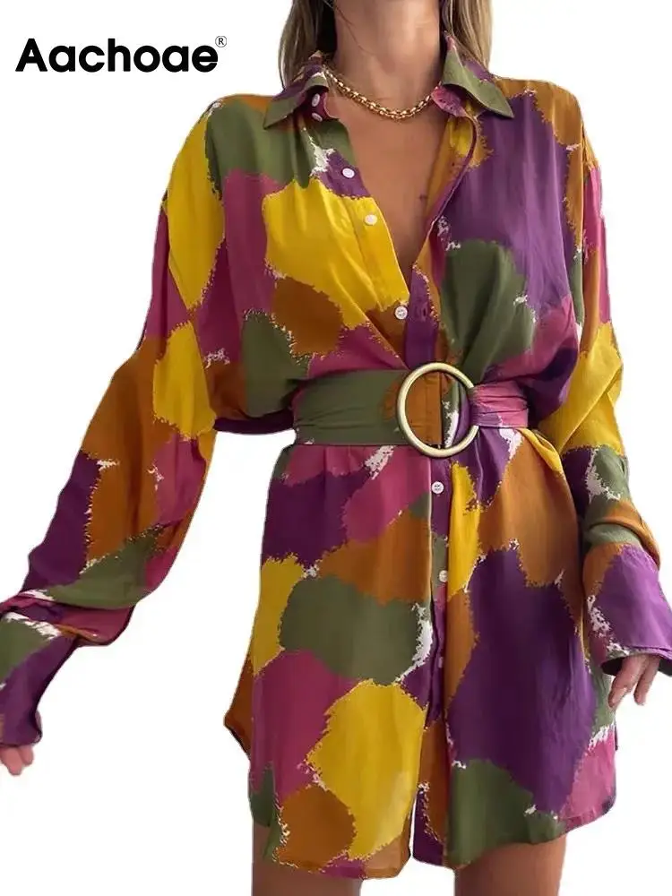 Aachoae Women Stylish Graffiti Printed Dresses Turn Down Collar Long Sleeve Mini Dress With Sashes Femala Fashion Chic Dress